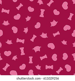 Seamless pattern with silhouettes of cat's head, heart, bow. Pink, purple, white. Vector illustration.