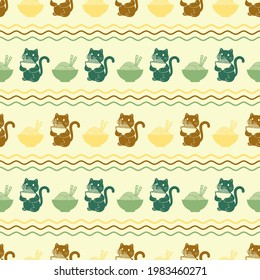 Seamless pattern of silhouettes of cats and plates with ramen.
