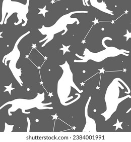 Seamless pattern with silhouettes of cats in the sky, constellations of stars. Mystical space print with animals. Vector graphics.