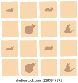 Seamless pattern of silhouettes of cats in squares