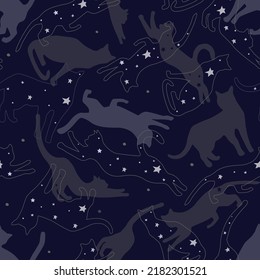 Seamless pattern of silhouettes of cats with stars in different poses. Cute cats play, jump in outer space. Night dream sky. Vector graphics.