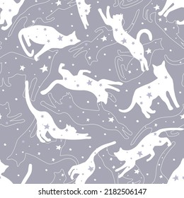 Seamless pattern of silhouettes of cats with stars in different poses. Cute cats play, jump in outer space. Night dream sky. Vector graphics.