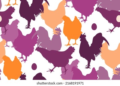 Seamless pattern silhouettes of chickens, roosters and egg. Can be used for graphic design, branding, textile design, packaging. Vector illustration.

