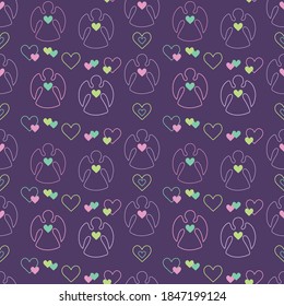 Seamless pattern with silhouettes of Christmas angels and hearts on color background. Vector illustration.
