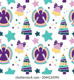 Seamless pattern with silhouettes of Christmas angels, new year trees, bells and stars on white background. Vector illustration.