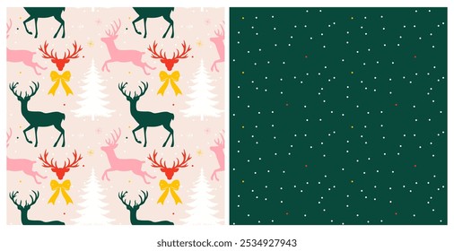 seamless pattern with silhouettes of Christmas Reindeer and Christmas tree on a light background. Festive Christmas with a polka dot pattern on the land fund for wrapping paper or textiles.