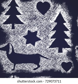 Seamless pattern from silhouettes of Christmas trees and dogs. Happy New 2018 Year Theme. Card design
