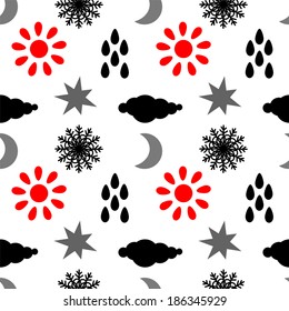Seamless pattern with silhouettes clouds, rain drops, sun, snowflakes, stars, half moon - vector