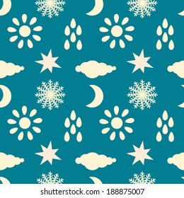 Seamless pattern with silhouettes clouds, rain drops, sun, snowflakes, stars, half moon - vector 