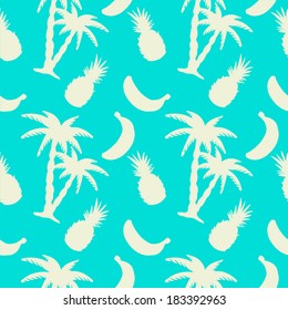 Seamless pattern with silhouettes coconut palm trees, pineapples and bananas - vector 