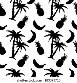 Seamless pattern with silhouettes coconut palm trees, pineapples and bananas in black and white - vector