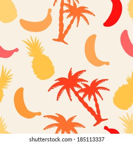 Seamless pattern with silhouettes coconut palm trees, pineapples and bananas - vector 