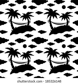 Seamless pattern with silhouettes coconut palm trees. Hammock. Clouds. Sun in black and white - vector 