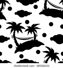 Seamless pattern with silhouettes coconut palm trees. Hammock. Clouds. Sun in black and white - vector 
