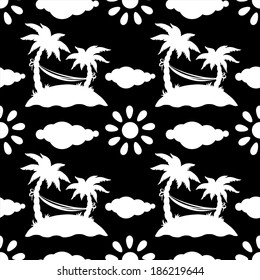 Seamless pattern with silhouettes coconut palm trees. Hammock. Clouds. Sun in black and white - vector 