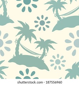 Seamless pattern with silhouettes coconut palm trees. Endless print silhouette texture. Summer. Hammock. Clouds. Sun. Retro. Vintage style - vector 