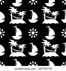 Seamless pattern with silhouettes coconut palm trees in black and white. Endless print silhouette texture. Summer. Hammock. Yacht. Sun - vector