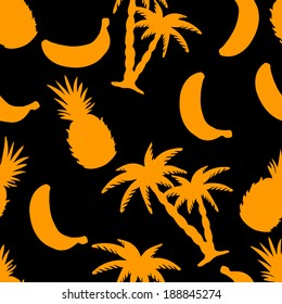 Seamless pattern with silhouettes coconut palm trees, bananas and pineapples on a black background - vector