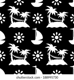 Seamless pattern with silhouettes coconut palm trees in black and white. Endless print silhouette texture. Summer. Hammock. Yacht. Sun - vector