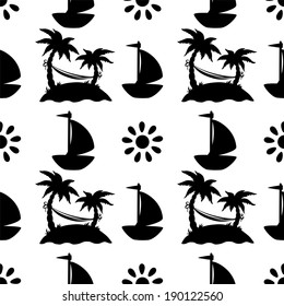 Seamless pattern with silhouettes coconut palm trees in black and white. Endless print silhouette texture. Summer. Hammock. Yacht. Sun - vector