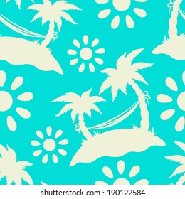 Seamless pattern with silhouettes coconut palm trees. Endless print silhouette texture. Summer. Hammock. Sun - vector 