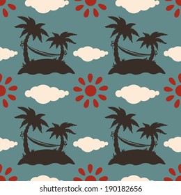 Seamless pattern with silhouettes coconut palm trees. Endless print silhouette texture. Summer. Hammock. Clouds. Sun. Retro. Vintage style - vector 