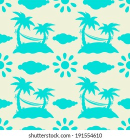 Seamless pattern with silhouettes coconut palm trees. Endless print silhouette texture. Summer. Hammock. Sun. Clouds. Island. Hand drawing. Cartoon style - vector 