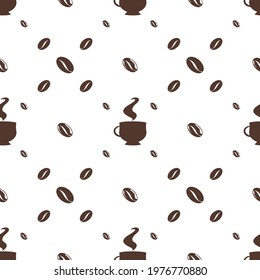 Seamless pattern of silhouettes of coffee beans and cups. Elements on a white background. Vector image.