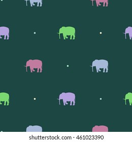 Seamless pattern with silhouettes of colored elephants and polka dots on a Navy background green