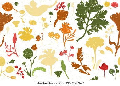 A Seamless pattern with silhouettes of colorful flower parts is isolated on the white background. Sand-like texture over it. Hand-drawn parts of the marigold, calendula, chamomile, and rose fruits.