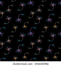 Seamless pattern of silhouettes colorful human neurons cells