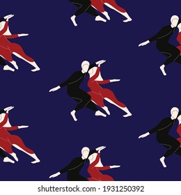 Seamless pattern with silhouettes of a couple of dancers. A man and a woman are dancing tango. Vector illustration in flat style