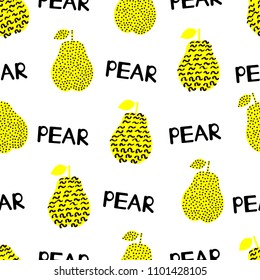Seamless pattern with silhouettes of the creative black and yellow pears, words Pear on the white background. Vector illustration
