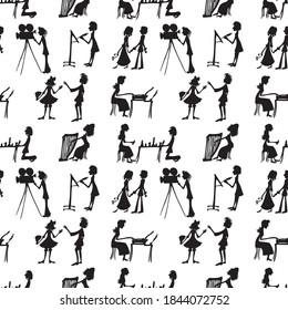 Seamless pattern of silhouettes creative people filming movie