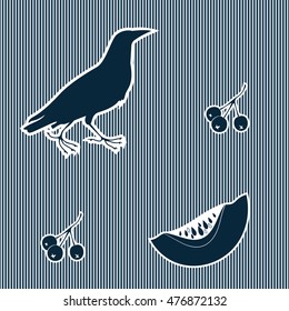 Seamless pattern with silhouettes of crow, berries, melon in striped background. Monochrome.