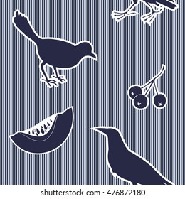 Seamless pattern with silhouettes of crow, bird, berries, melon in striped background. Monochrome.