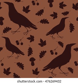 Seamless pattern with silhouettes of crow, oak leaves, marble leaves, berries, mushrooms. Monochrome. Brown color scheme.