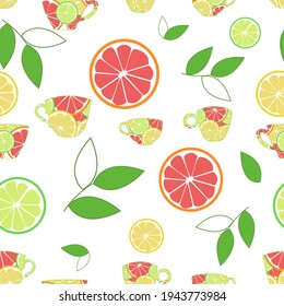 Seamless pattern of silhouettes of cups with slices of citrus fruits and leaves on a white background.