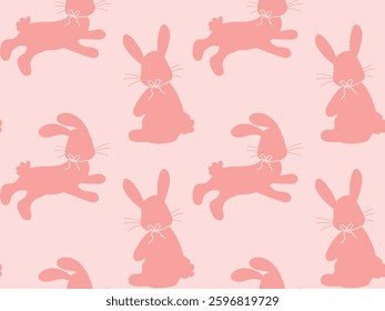 Seamless pattern with silhouettes of cute pink Easter bunnies in different poses. Vector illustration for traditional Easter, spring background, wrapping paper, textile, great for Easter Cards, banner