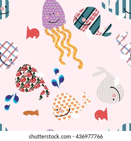seamless pattern of silhouettes from cute whales on pink background