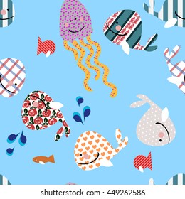 seamless pattern of silhouettes from cute whales and jellyfish on blue background