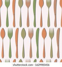 Seamless pattern. Silhouettes Of Cutlery. Horizontal strips of spoons forks and knives.Kitchen utensils. Vector illustration.