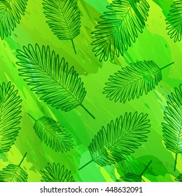 Seamless pattern with silhouettes of the decor of palm leaves. Organic wallpaper with outline leaves. Green natural backdrop with a watercolor texture. Vector.