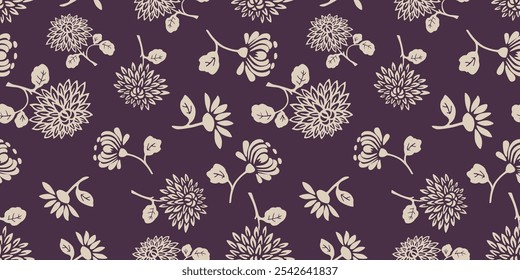 Seamless pattern of silhouettes decorative garden chrysanthemum, asters, floral vector background, fabric, textile