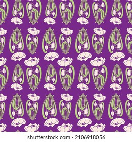 Patrón sin fisuras de siluetas tulipanes decorativos con hojas y brotes