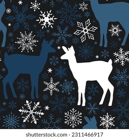 Seamless pattern with silhouettes of deer and snowflakes. Colorful Vector illustration.