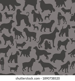 Seamless pattern with silhouettes of different dog breeds