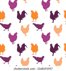 Seamless pattern silhouettes of different hens and roosters. Can be used for graphic design, branding, textile design, packaging. Vector illustration