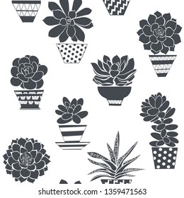 Seamless pattern with silhouettes of different succulents in pots. Black and white vector background.