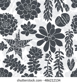 Seamless pattern with silhouettes of different succulents. Black and white vector background.